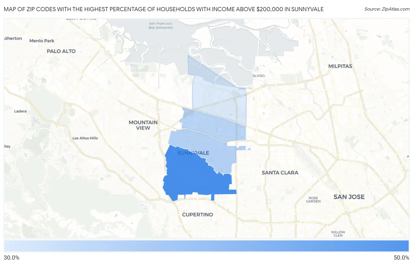 Zip Codes with the Highest Percentage of Households with Income Above $200,000 in Sunnyvale Map