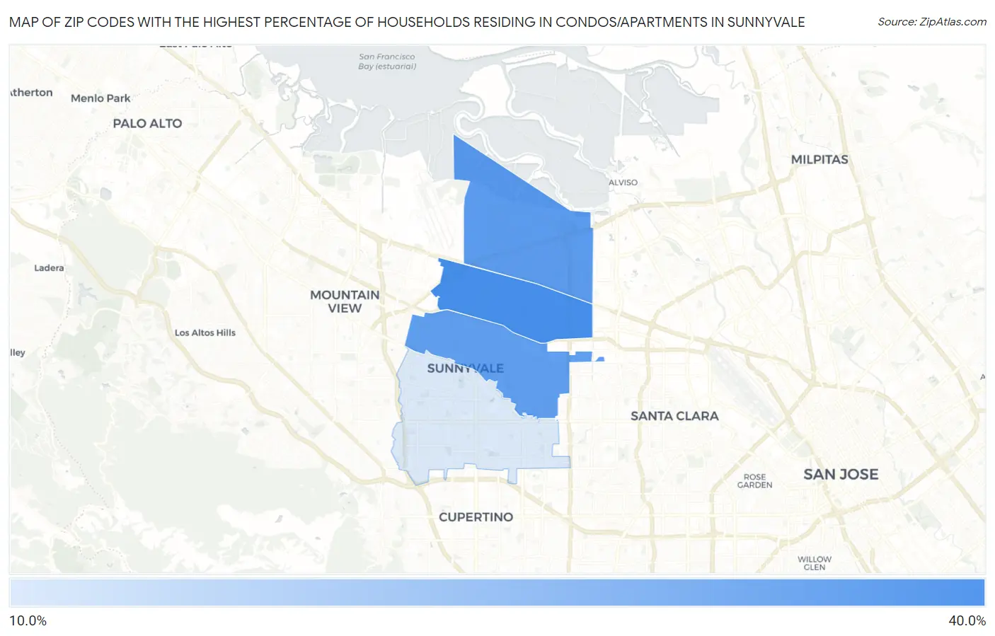 Zip Codes with the Highest Percentage of Households Residing in Condos/Apartments in Sunnyvale Map