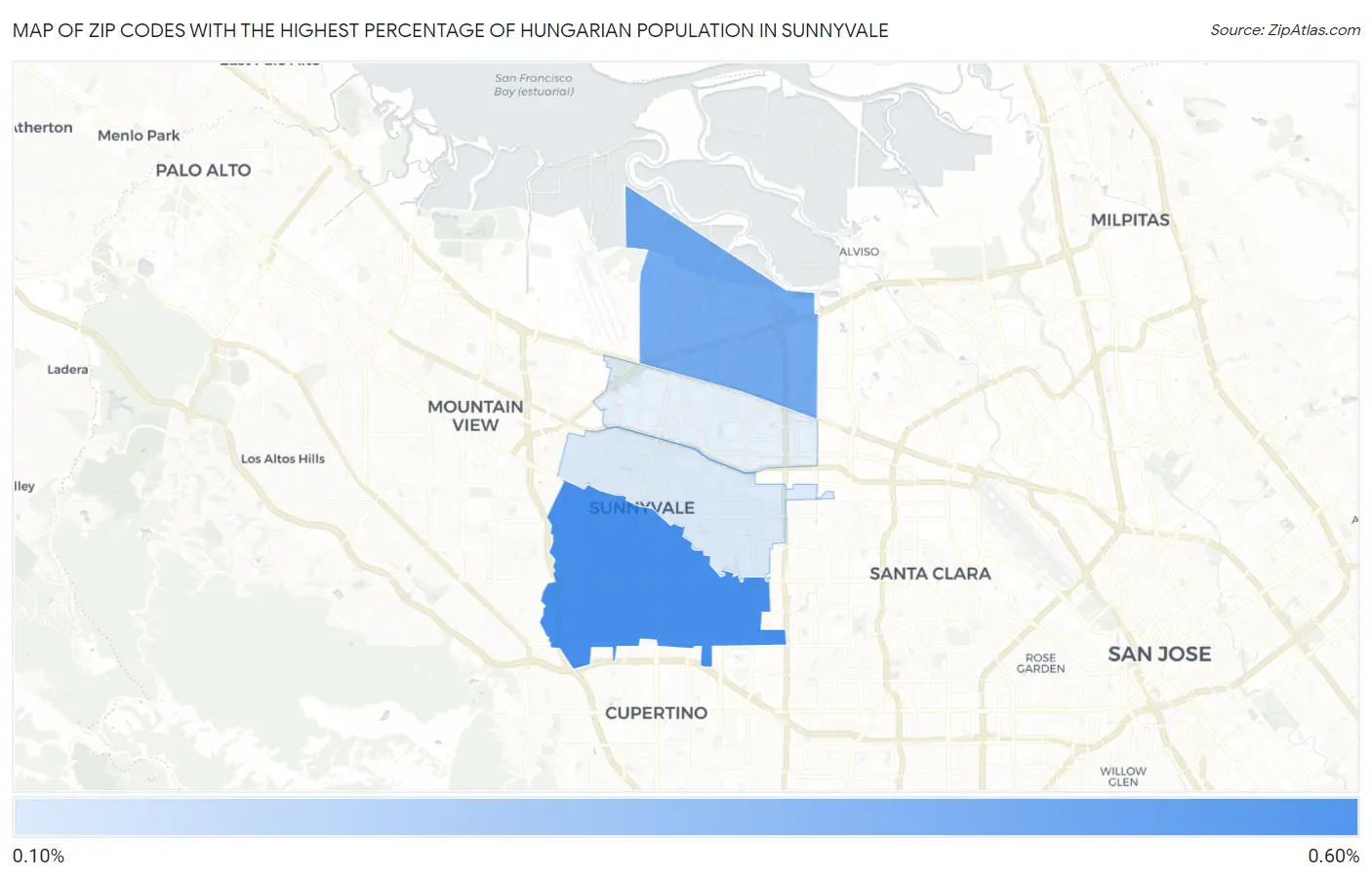 Zip Codes with the Highest Percentage of Hungarian Population in Sunnyvale Map