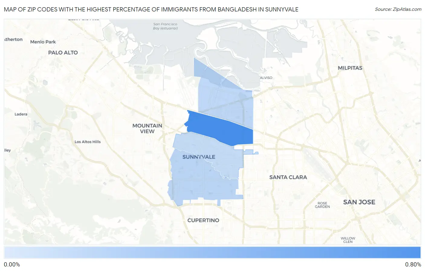 Zip Codes with the Highest Percentage of Immigrants from Bangladesh in Sunnyvale Map