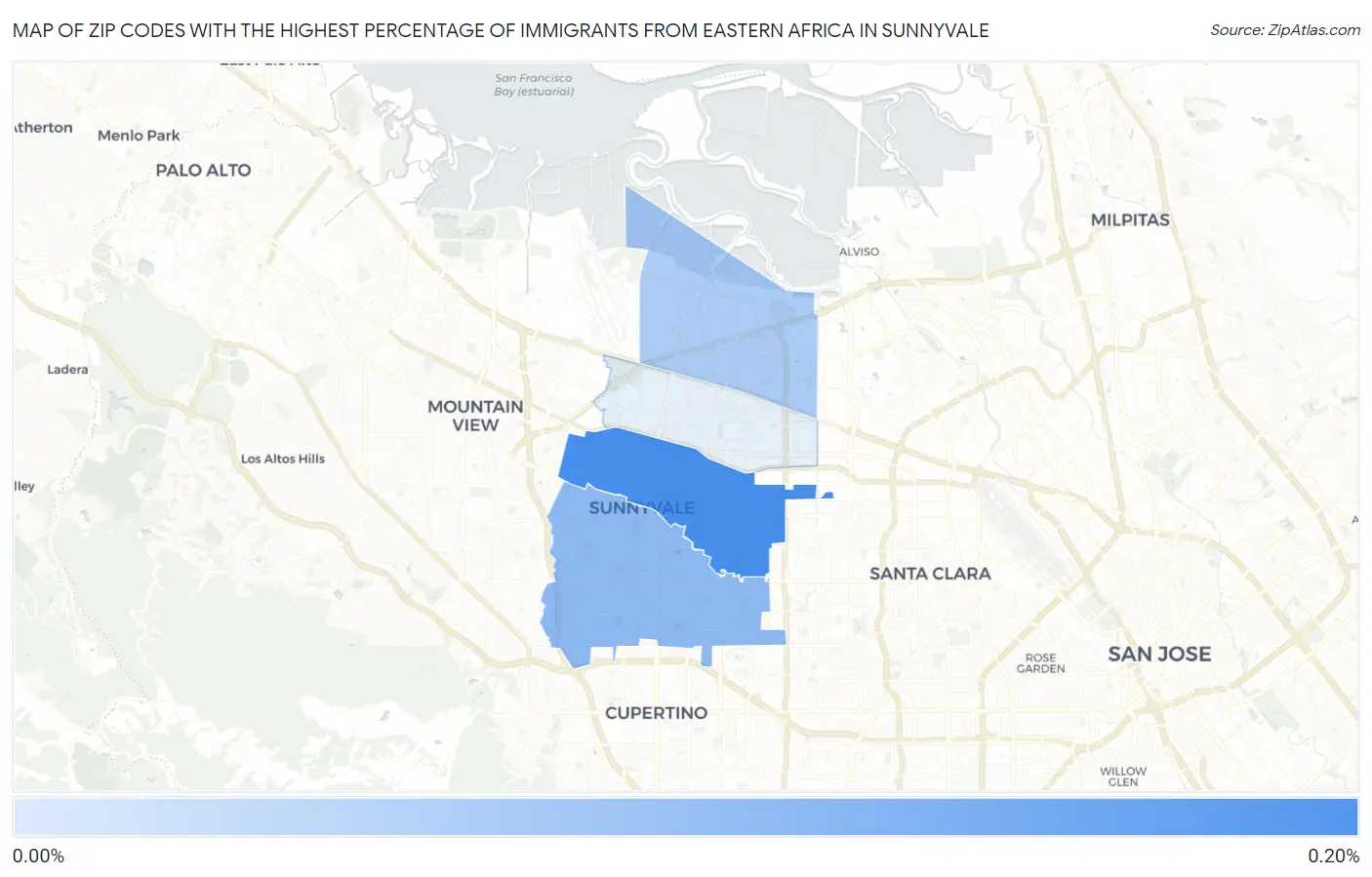 Zip Codes with the Highest Percentage of Immigrants from Eastern Africa in Sunnyvale Map