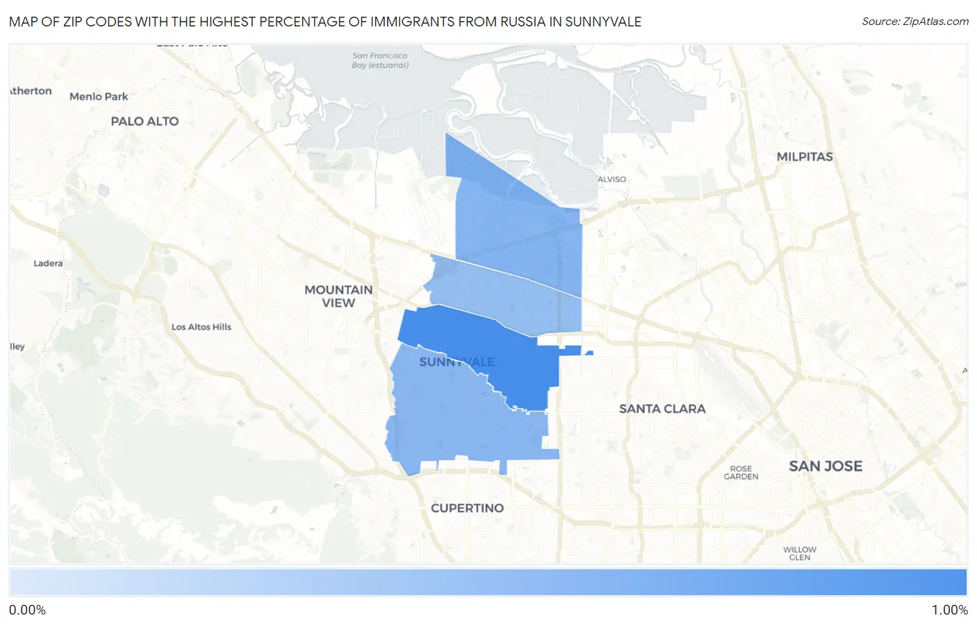Zip Codes with the Highest Percentage of Immigrants from Russia in Sunnyvale Map
