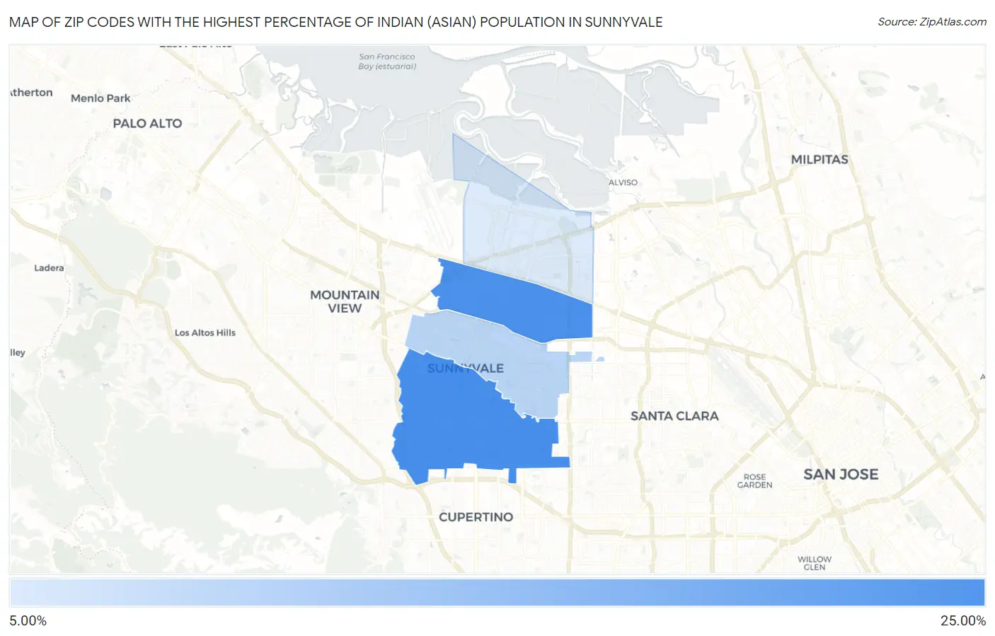 Zip Codes with the Highest Percentage of Indian (Asian) Population in Sunnyvale Map