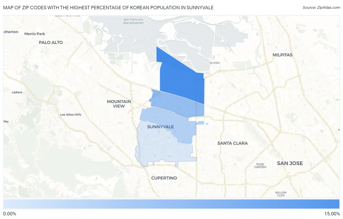 Zip Codes with the Highest Percentage of Korean Population in Sunnyvale Map