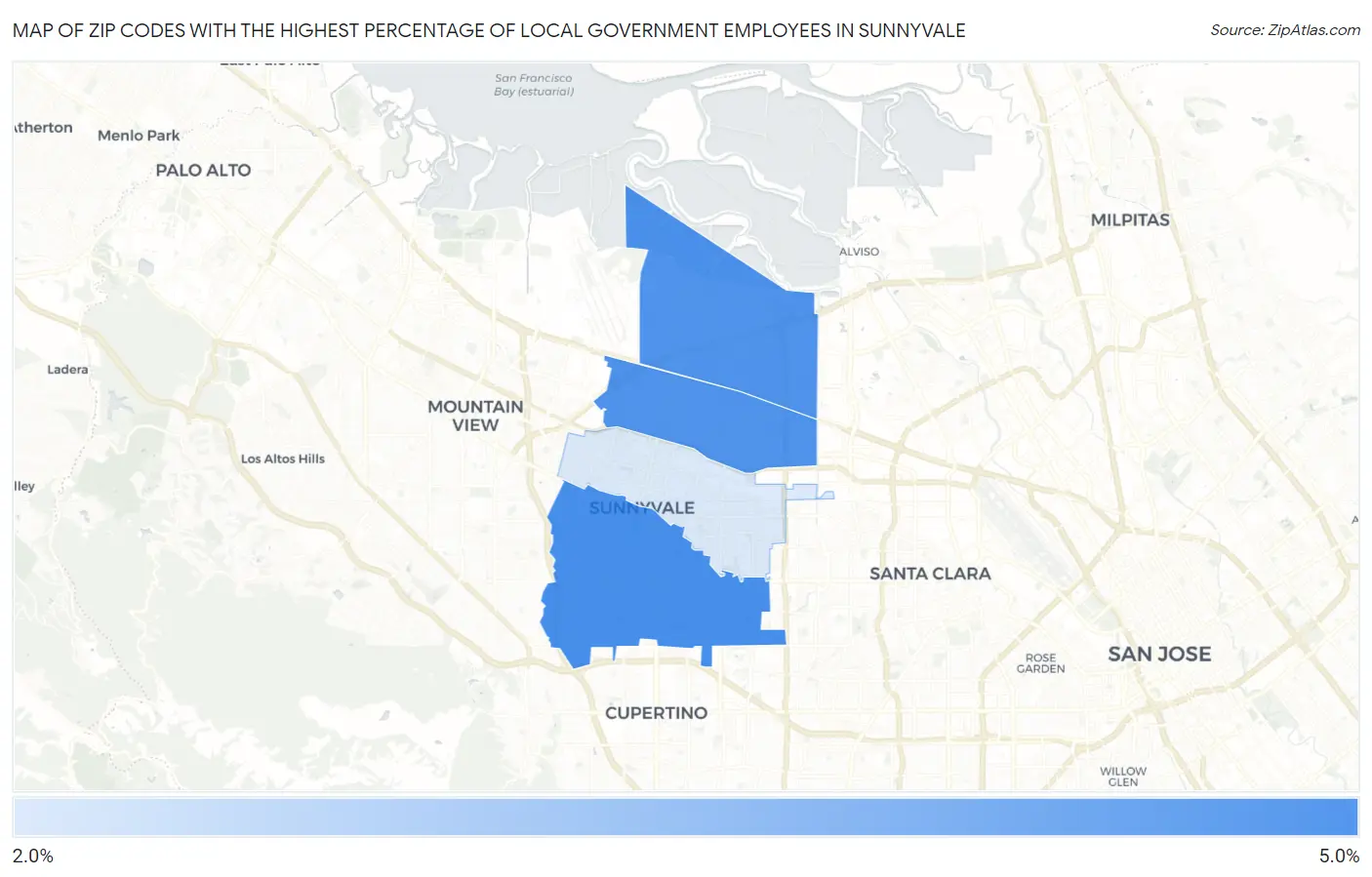 Zip Codes with the Highest Percentage of Local Government Employees in Sunnyvale Map