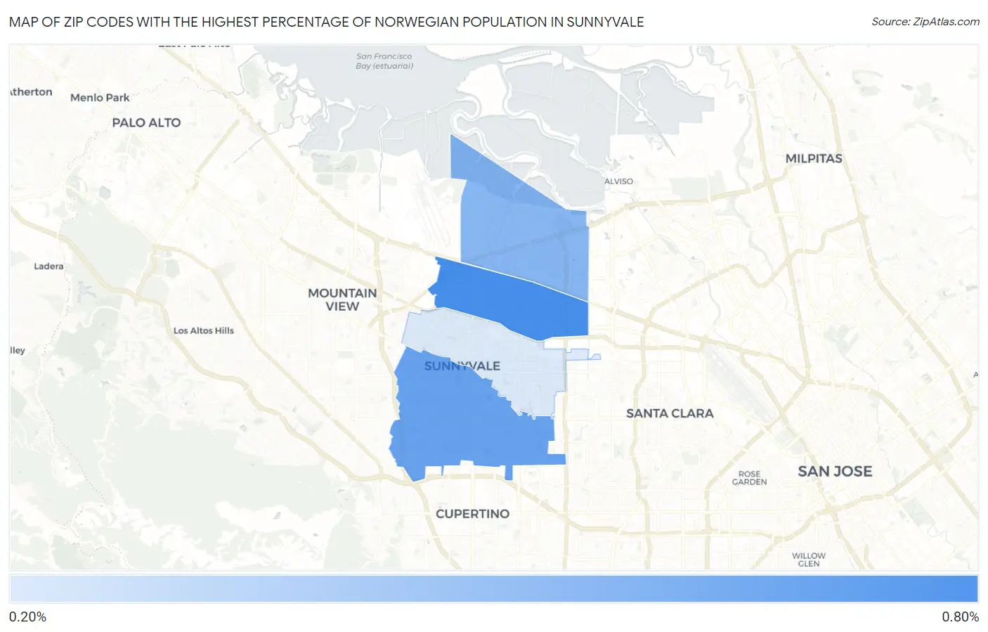 Zip Codes with the Highest Percentage of Norwegian Population in Sunnyvale Map