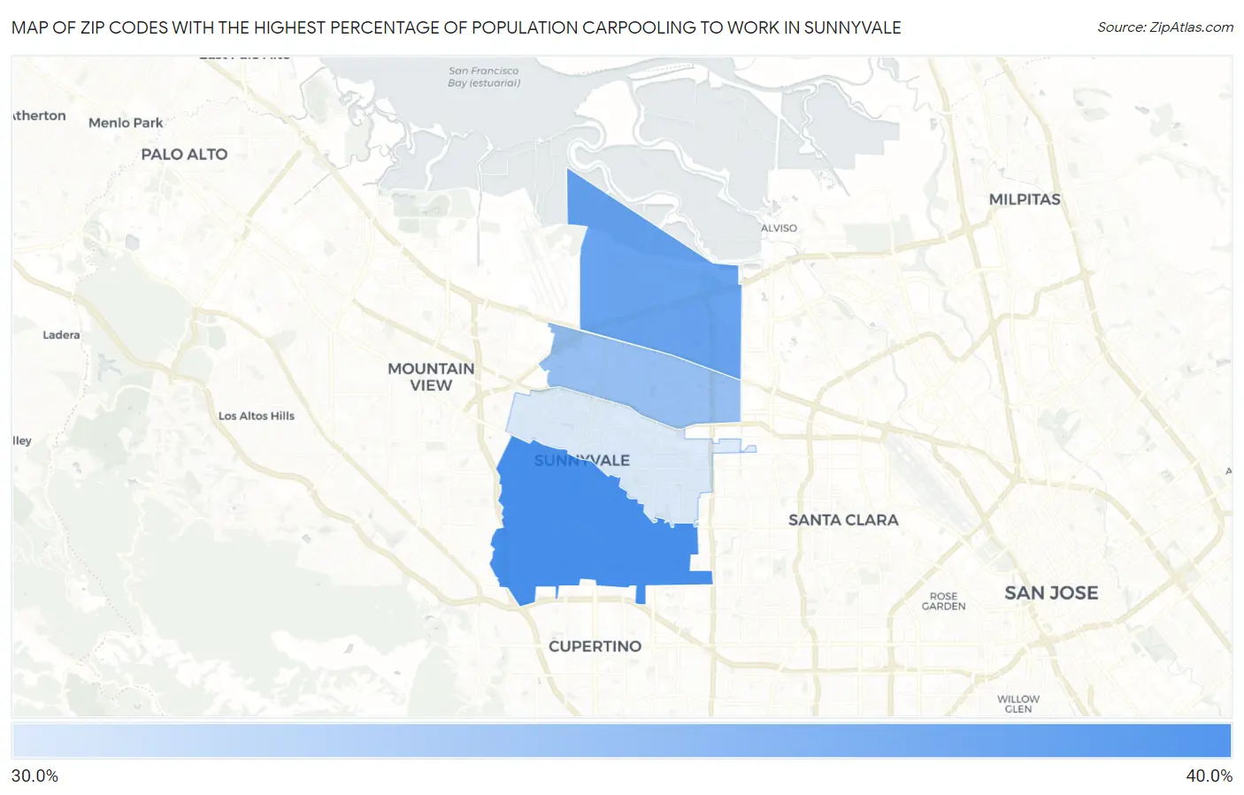 Zip Codes with the Highest Percentage of Population Carpooling to Work in Sunnyvale Map