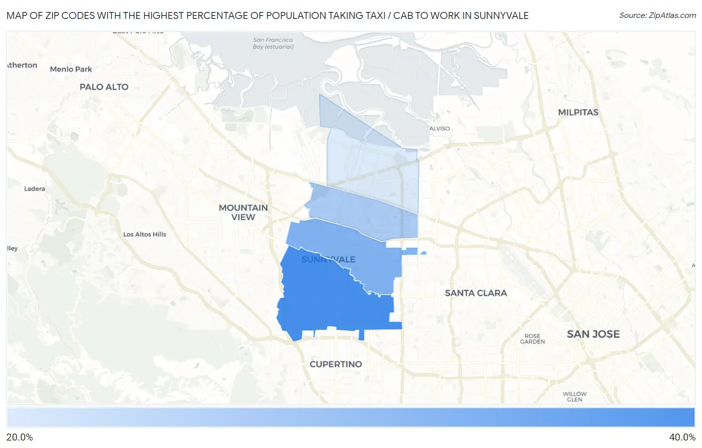 Zip Codes with the Highest Percentage of Population Taking Taxi / Cab to Work in Sunnyvale Map