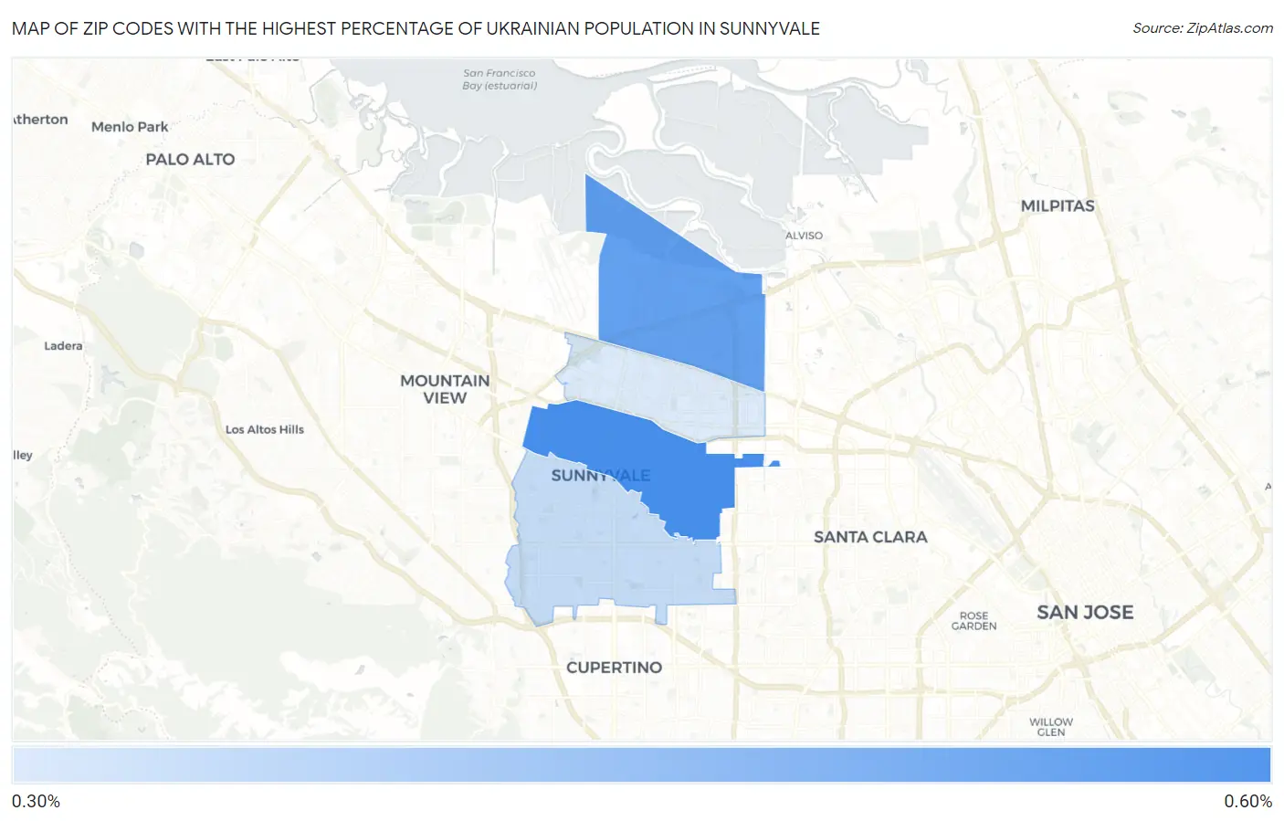 Zip Codes with the Highest Percentage of Ukrainian Population in Sunnyvale Map