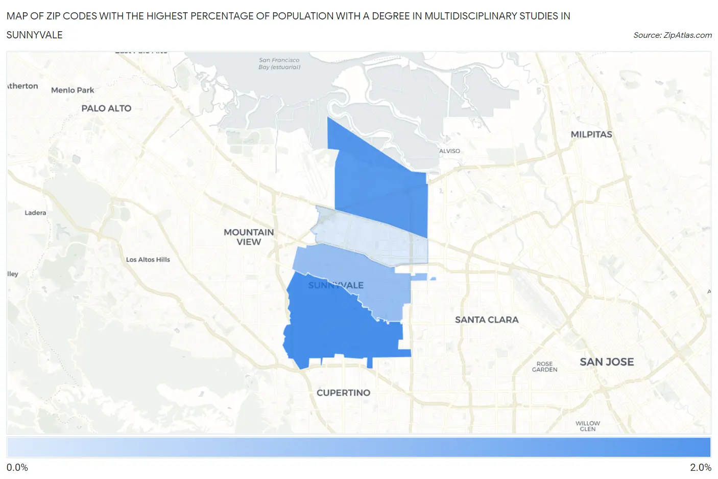 Zip Codes with the Highest Percentage of Population with a Degree in Multidisciplinary Studies in Sunnyvale Map