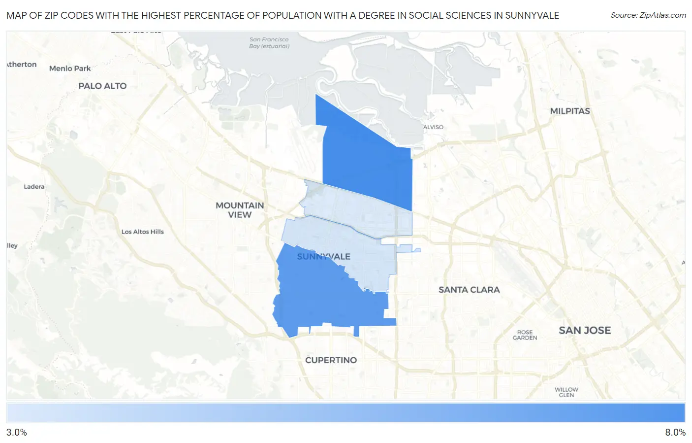 Zip Codes with the Highest Percentage of Population with a Degree in Social Sciences in Sunnyvale Map