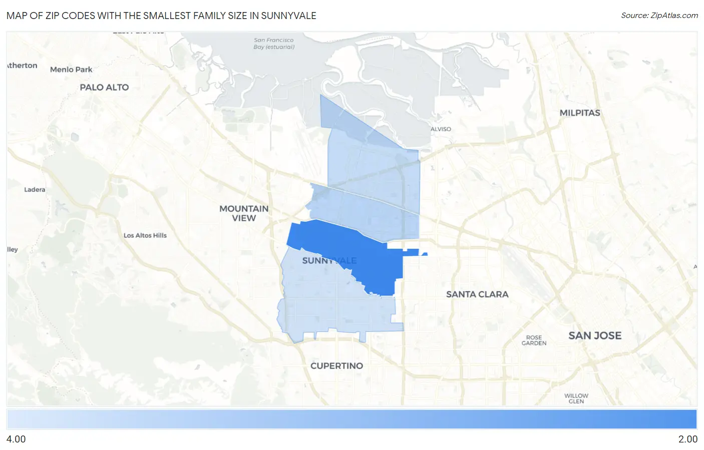 Zip Codes with the Smallest Family Size in Sunnyvale Map