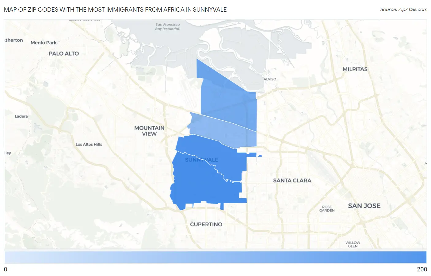 Zip Codes with the Most Immigrants from Africa in Sunnyvale Map