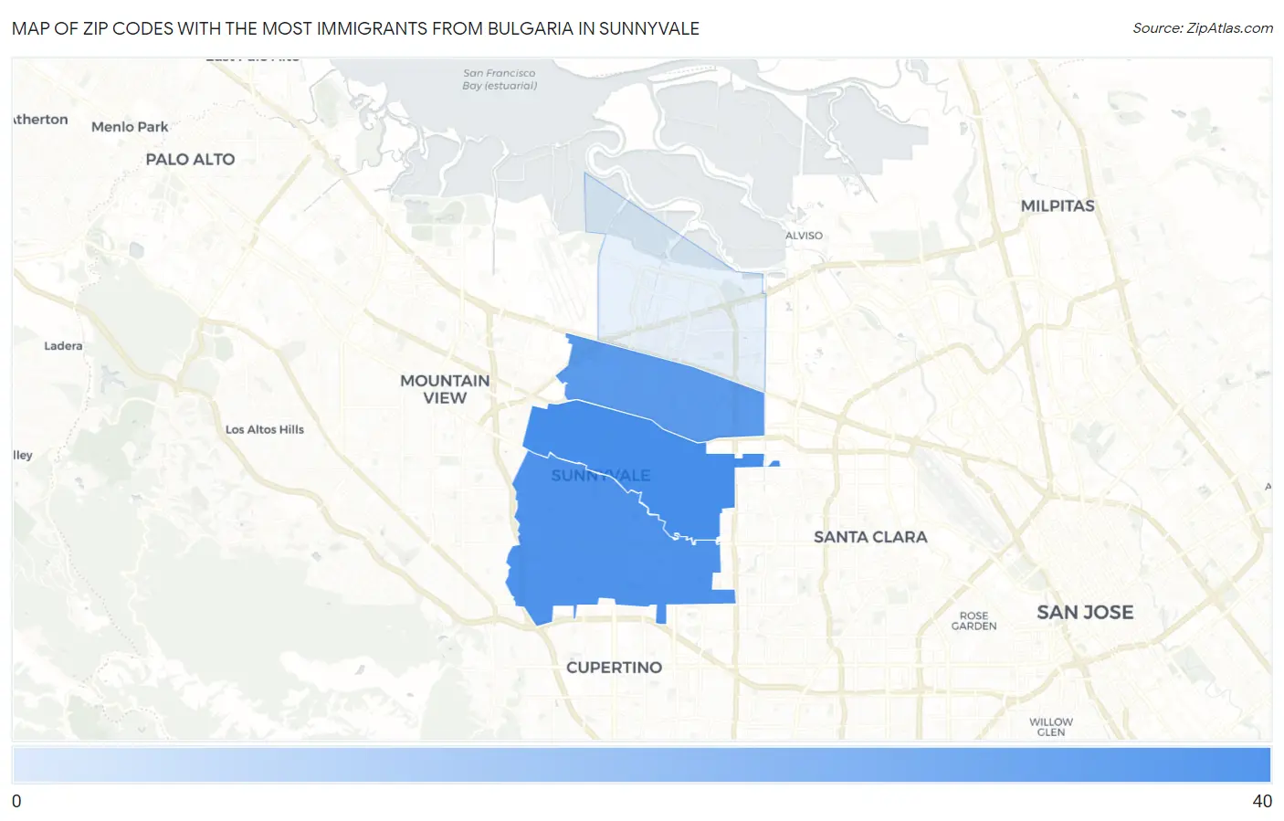 Zip Codes with the Most Immigrants from Bulgaria in Sunnyvale Map