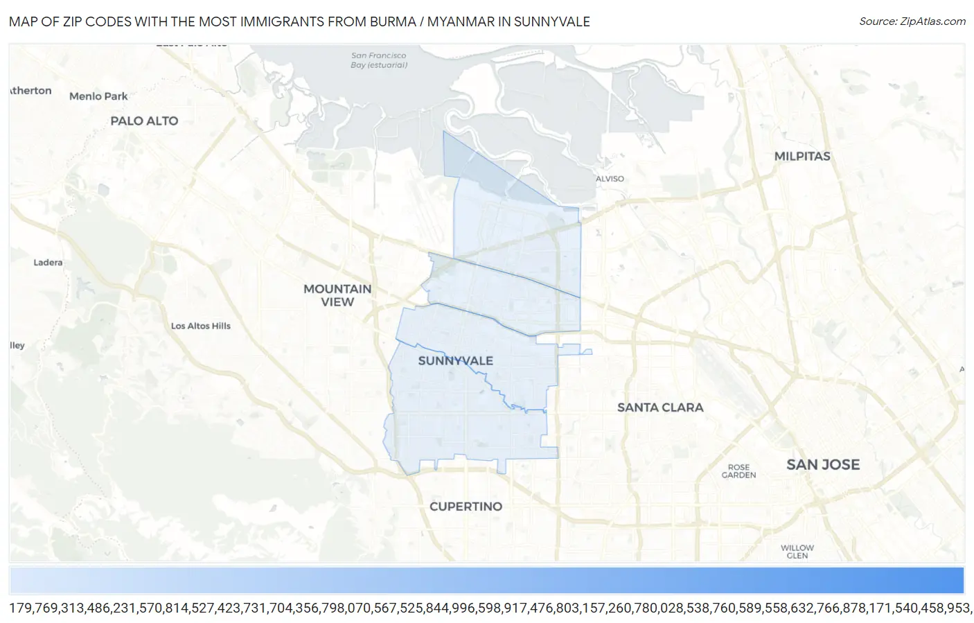 Zip Codes with the Most Immigrants from Burma / Myanmar in Sunnyvale Map