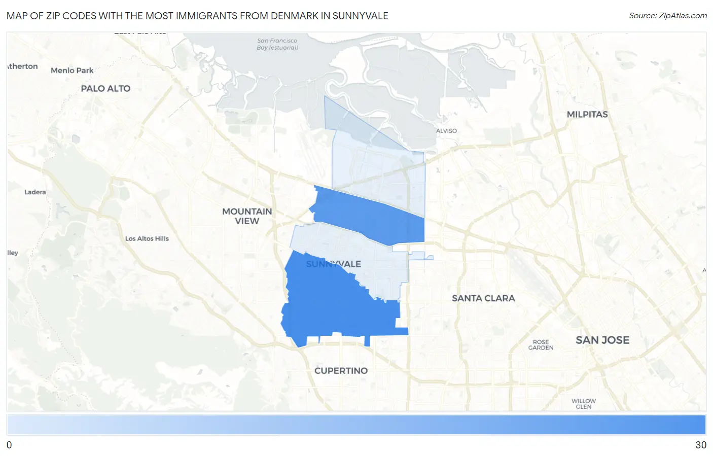 Zip Codes with the Most Immigrants from Denmark in Sunnyvale Map