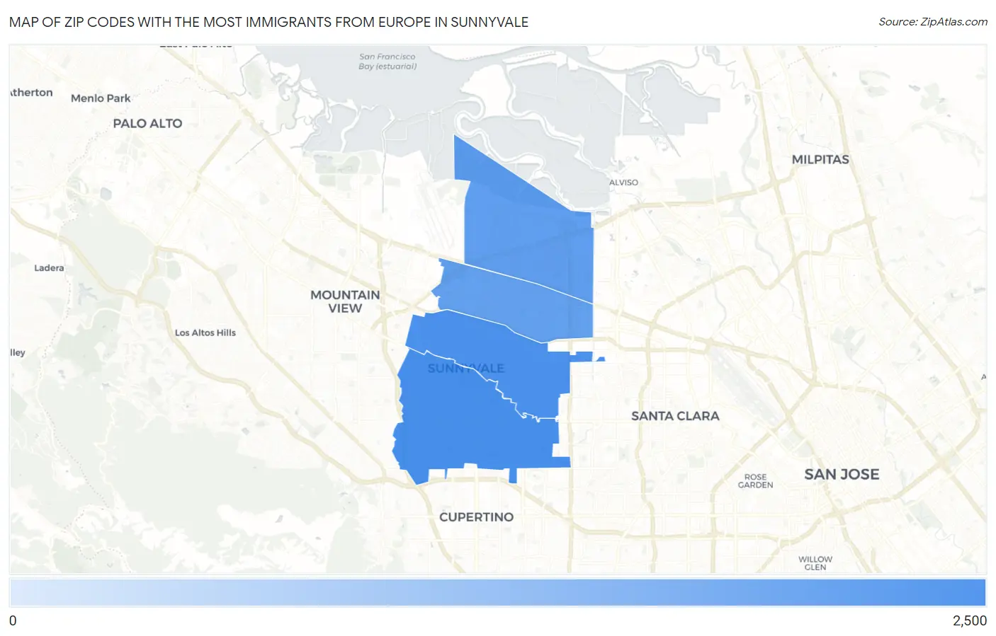 Zip Codes with the Most Immigrants from Europe in Sunnyvale Map