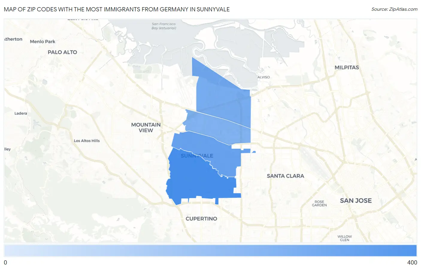 Zip Codes with the Most Immigrants from Germany in Sunnyvale Map