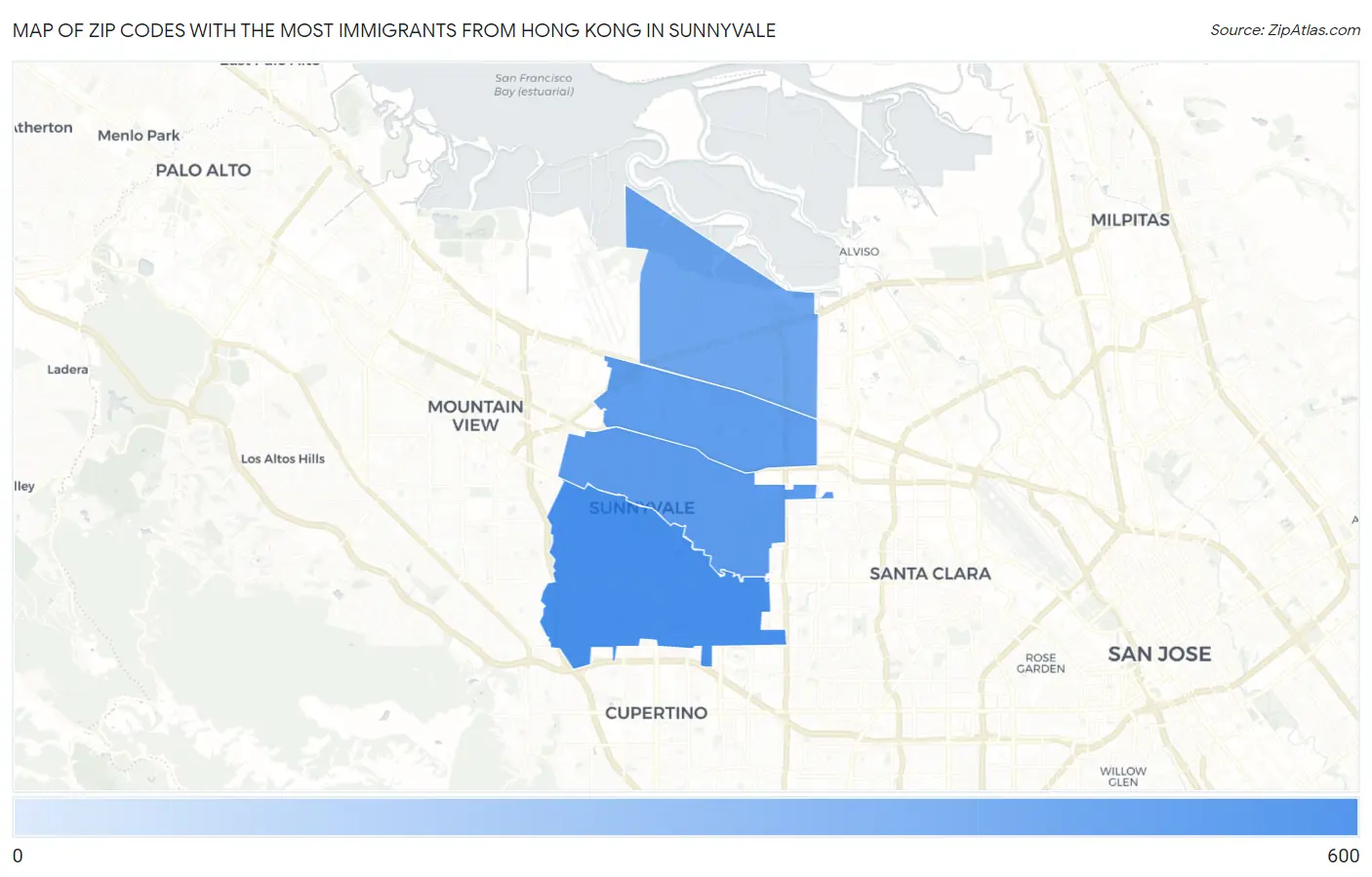 Zip Codes with the Most Immigrants from Hong Kong in Sunnyvale Map