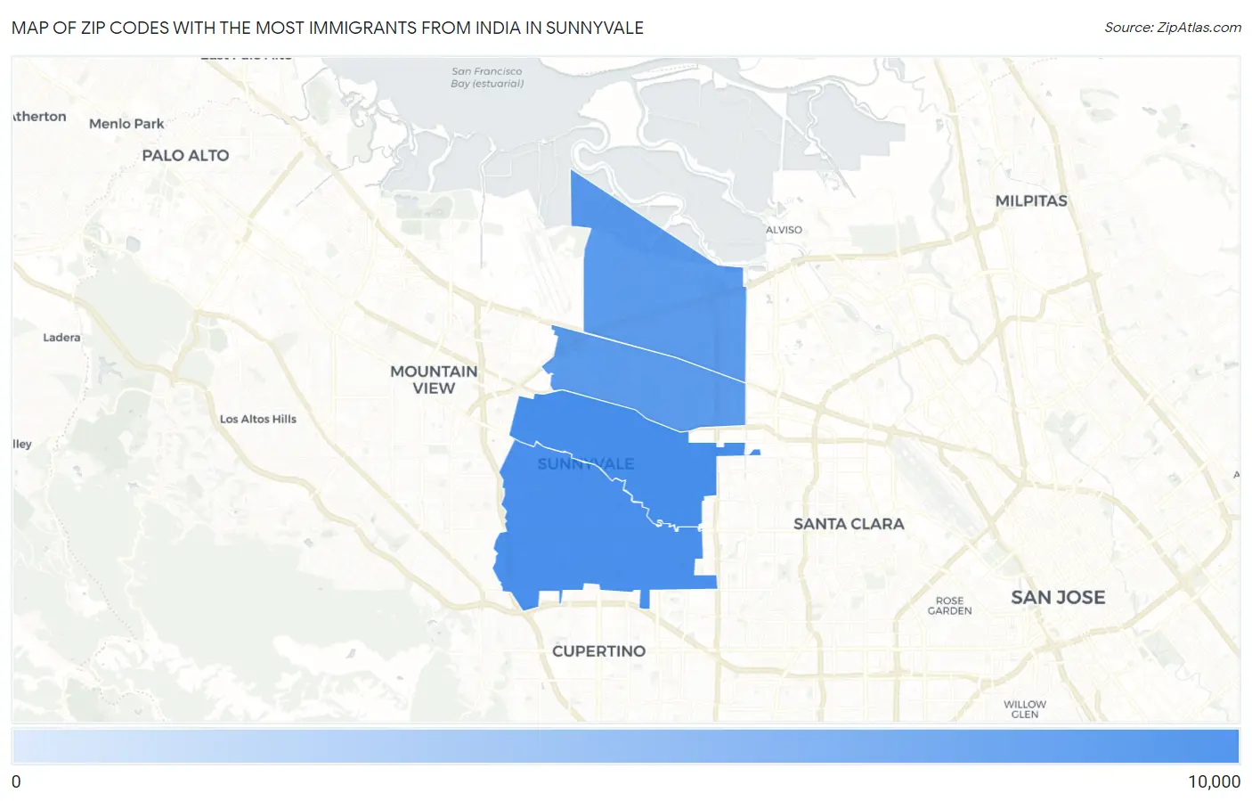 Zip Codes with the Most Immigrants from India in Sunnyvale Map