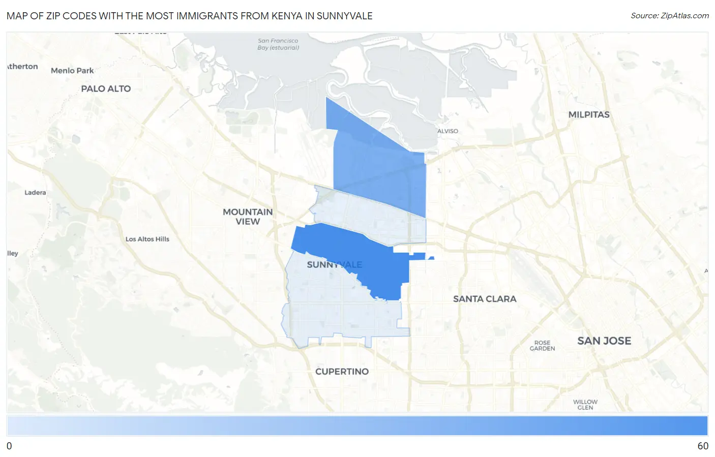 Zip Codes with the Most Immigrants from Kenya in Sunnyvale Map