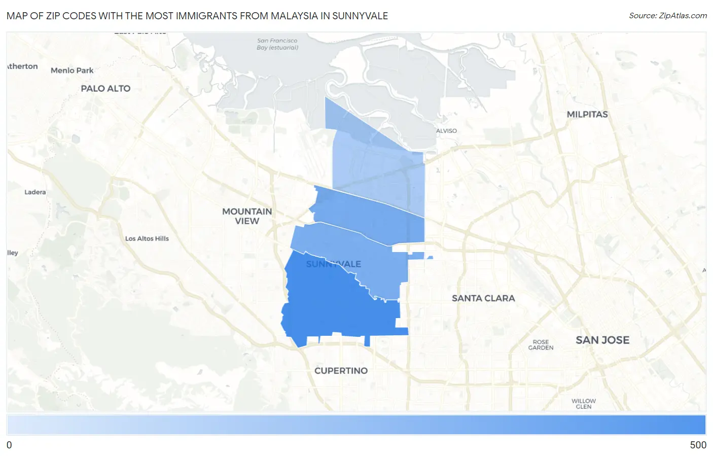 Zip Codes with the Most Immigrants from Malaysia in Sunnyvale Map