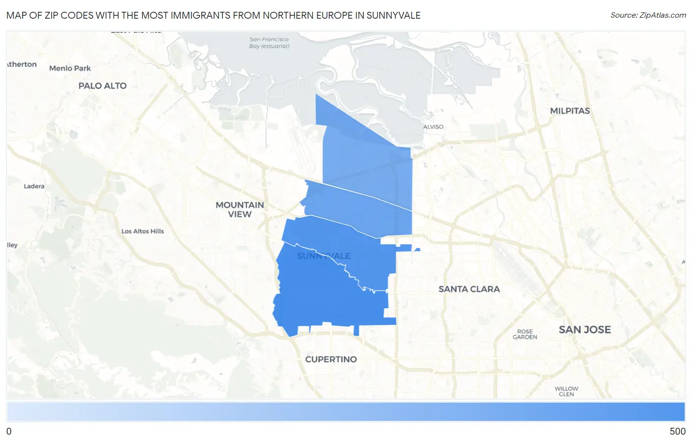 Zip Codes with the Most Immigrants from Northern Europe in Sunnyvale Map