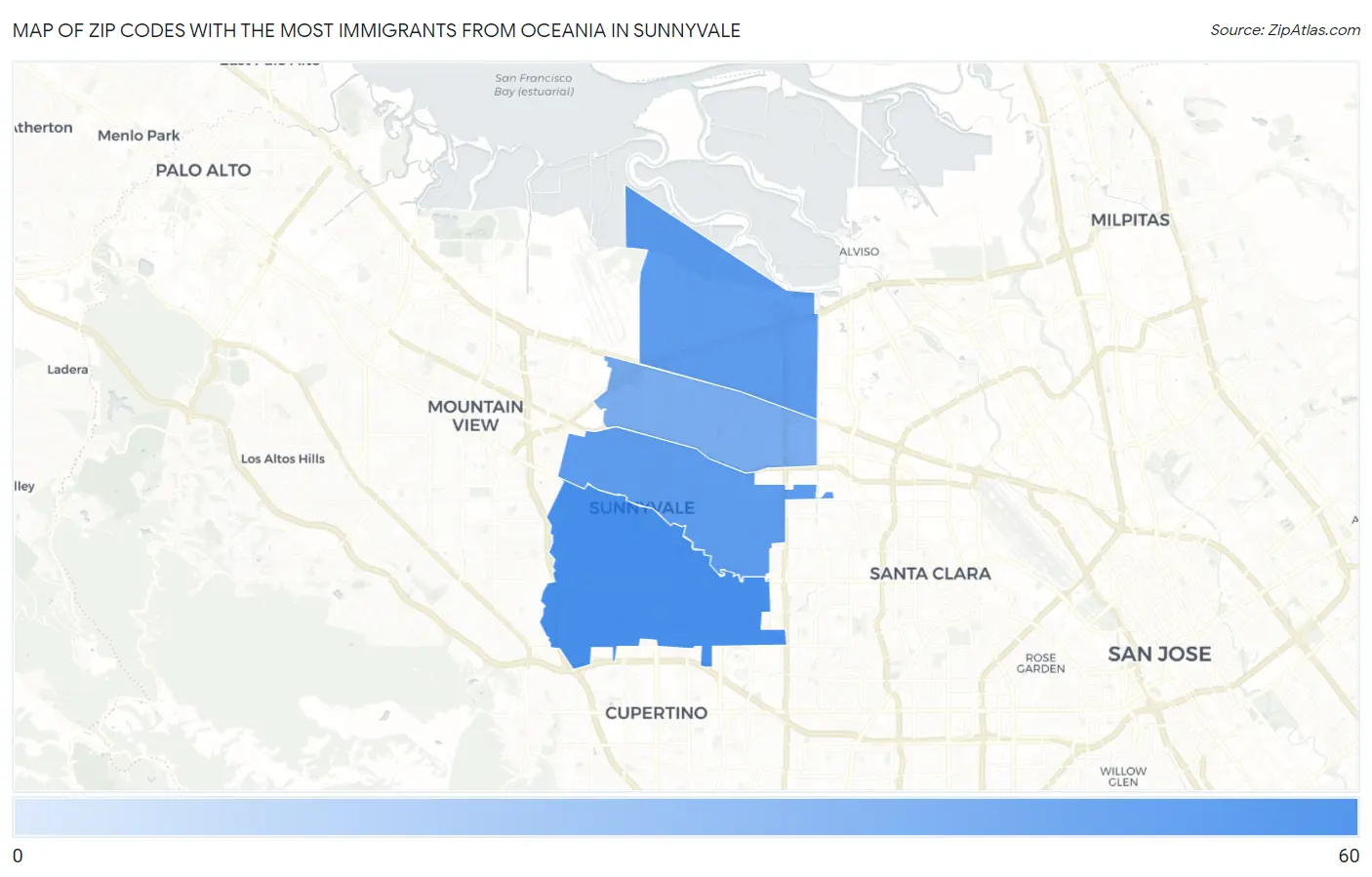 Zip Codes with the Most Immigrants from Oceania in Sunnyvale Map