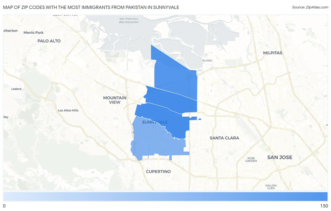 Zip Codes with the Most Immigrants from Pakistan in Sunnyvale Map