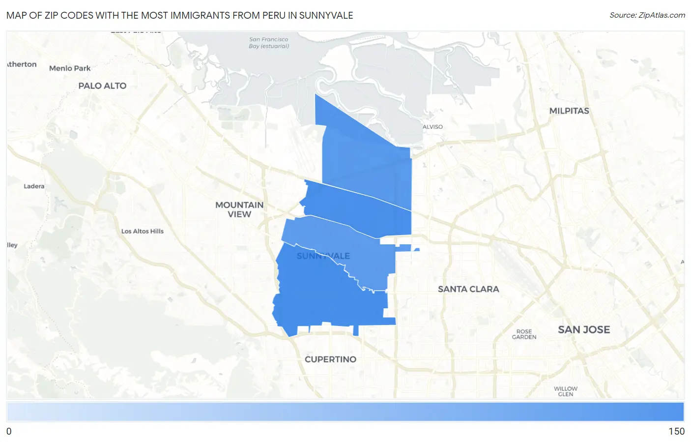 Zip Codes with the Most Immigrants from Peru in Sunnyvale Map
