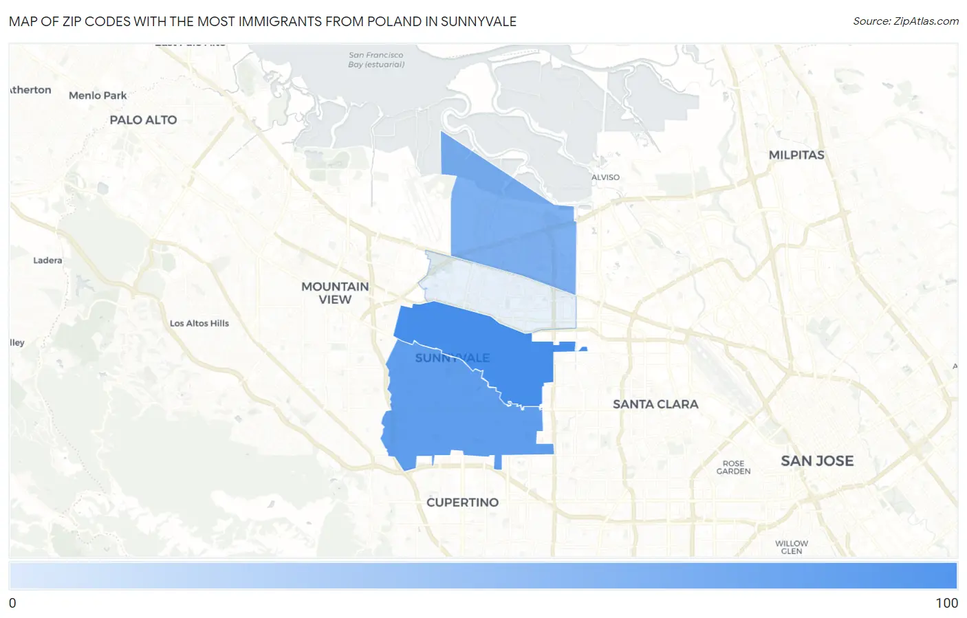 Zip Codes with the Most Immigrants from Poland in Sunnyvale Map