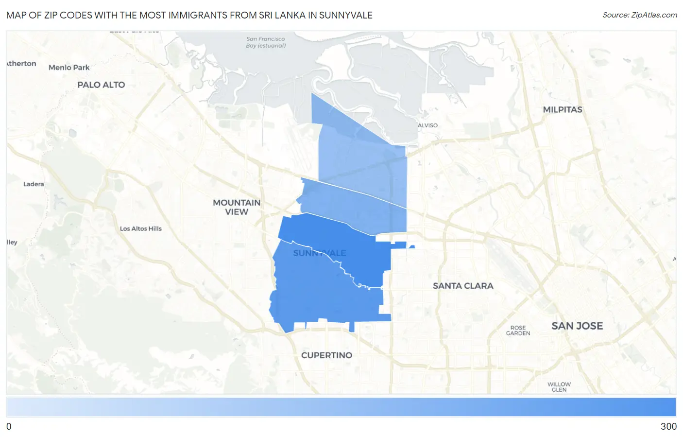 Zip Codes with the Most Immigrants from Sri Lanka in Sunnyvale Map