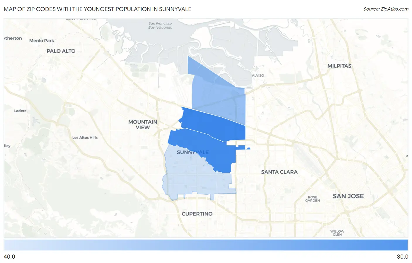 Zip Codes with the Youngest Population in Sunnyvale Map