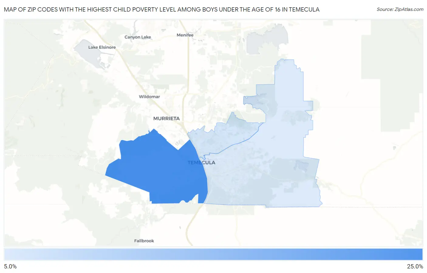 Zip Codes with the Highest Child Poverty Level Among Boys Under the Age of 16 in Temecula Map