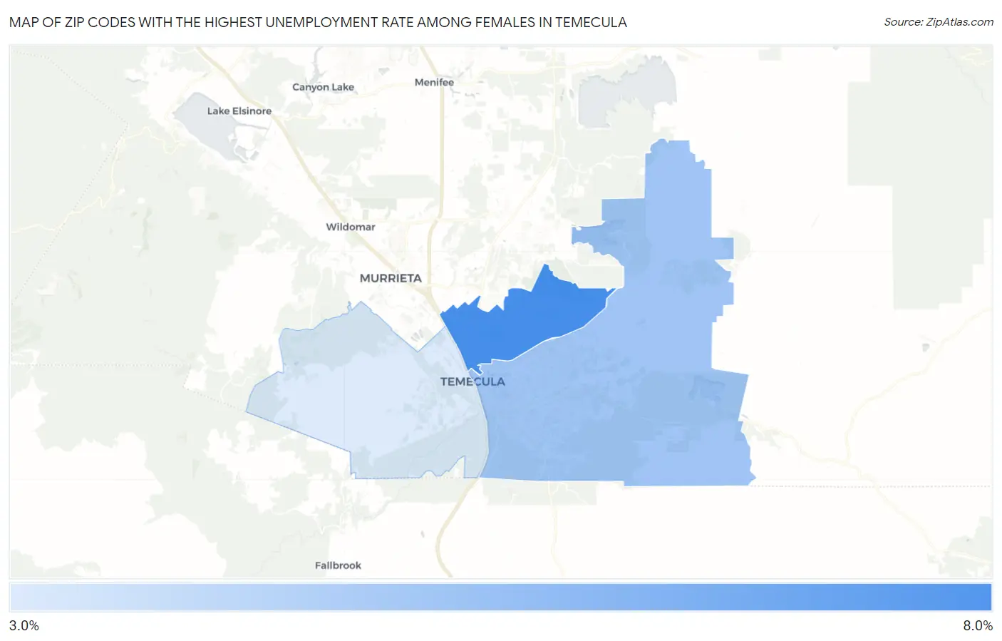 Zip Codes with the Highest Unemployment Rate Among Females in Temecula Map