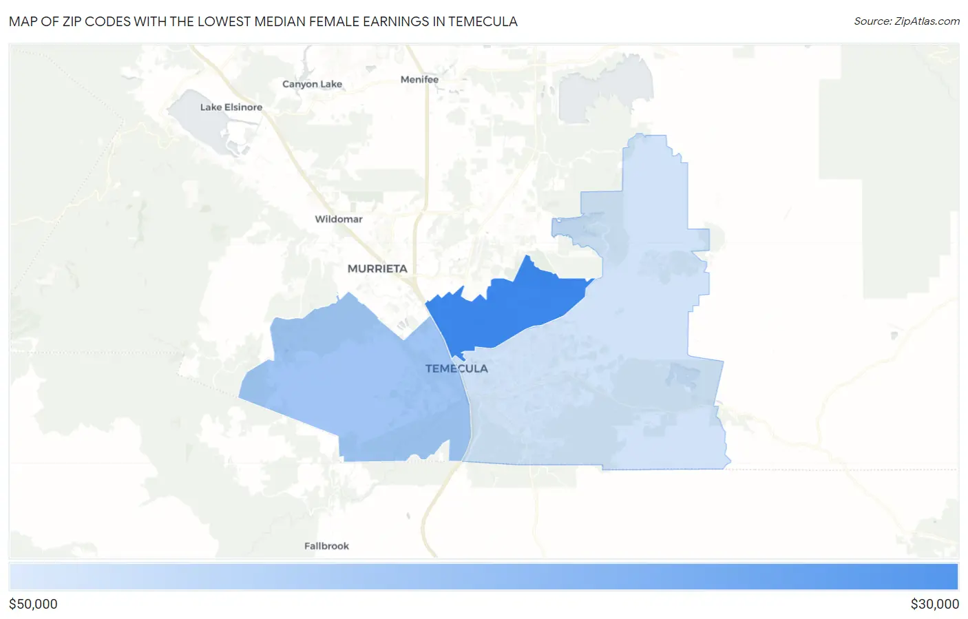 Zip Codes with the Lowest Median Female Earnings in Temecula Map