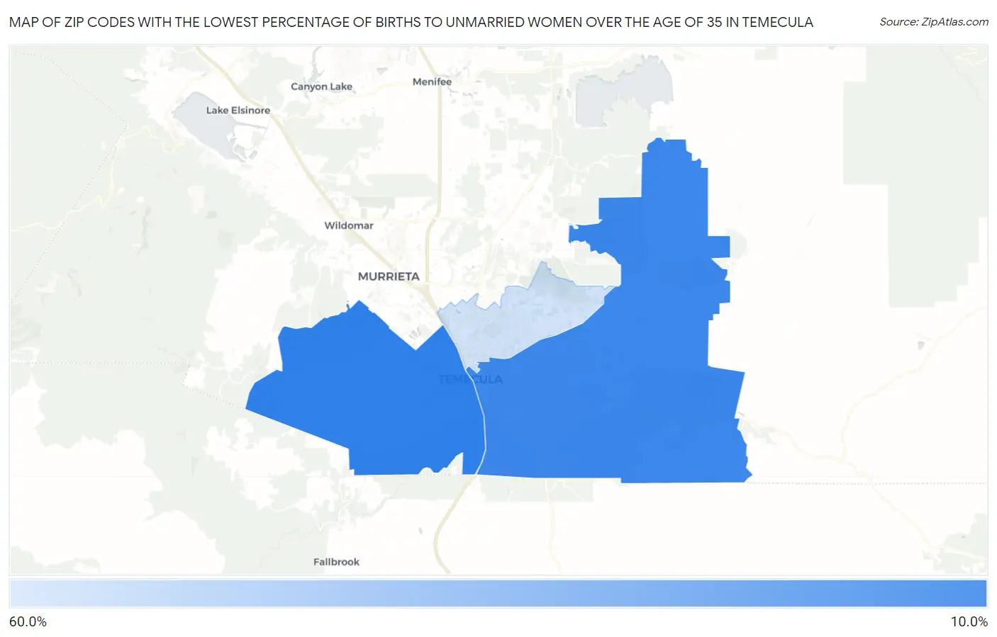 Zip Codes with the Lowest Percentage of Births to Unmarried Women over the Age of 35 in Temecula Map