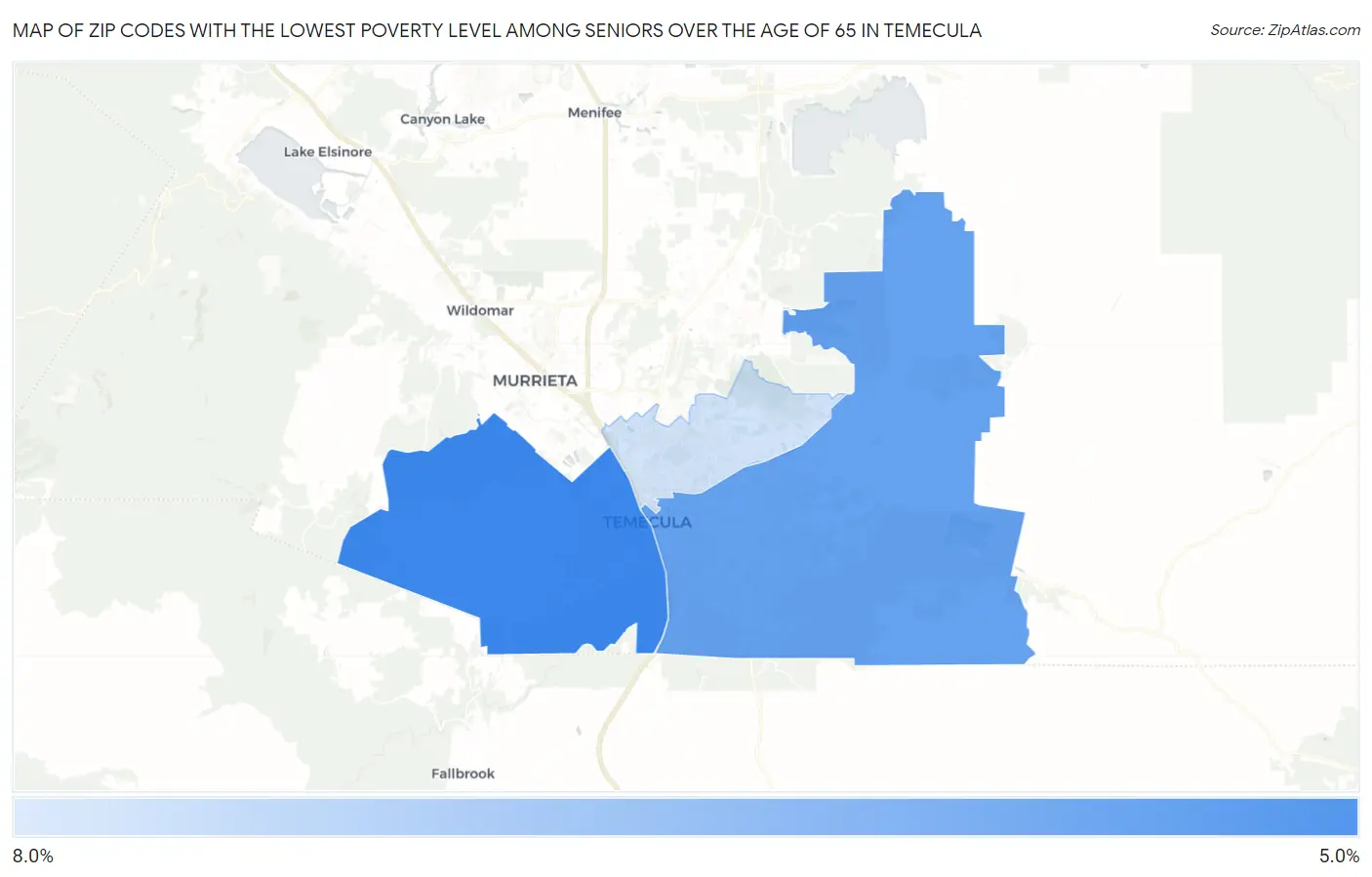 Zip Codes with the Lowest Poverty Level Among Seniors Over the Age of 65 in Temecula Map
