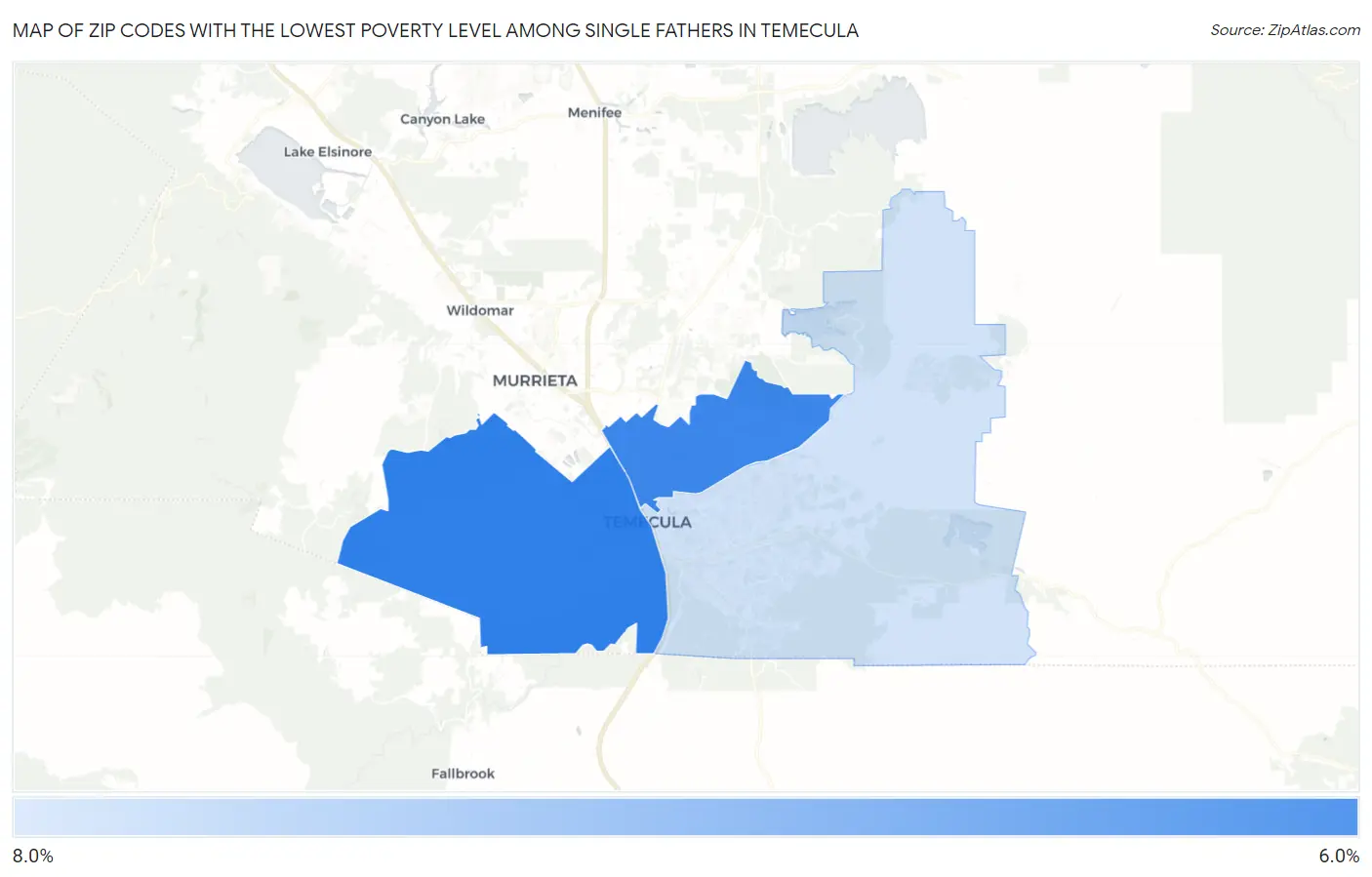 Zip Codes with the Lowest Poverty Level Among Single Fathers in Temecula Map