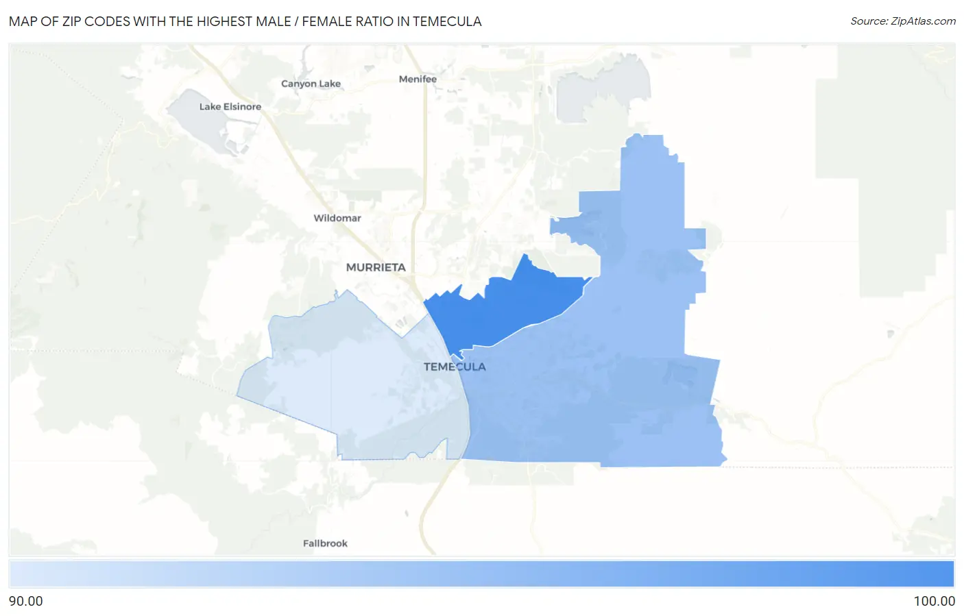 Zip Codes with the Highest Male / Female Ratio in Temecula Map