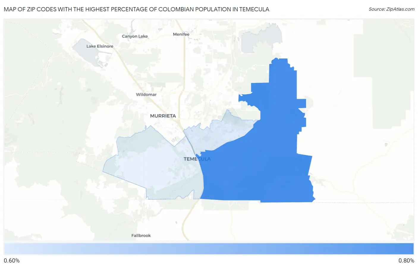 Zip Codes with the Highest Percentage of Colombian Population in Temecula Map
