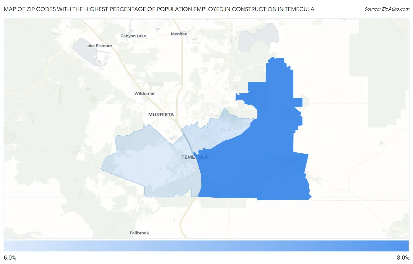 Zip Codes with the Highest Percentage of Population Employed in Construction in Temecula Map