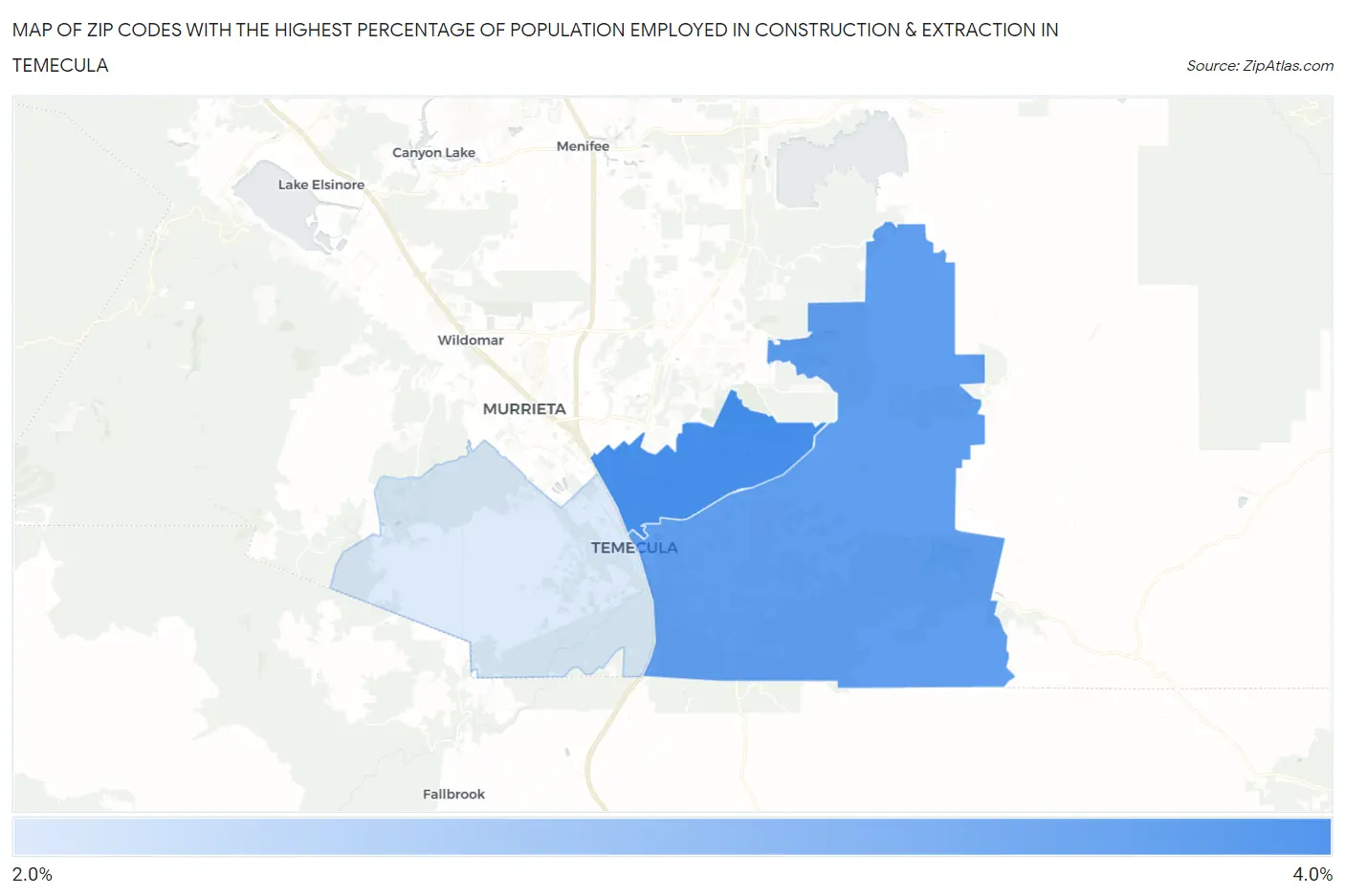 Zip Codes with the Highest Percentage of Population Employed in Construction & Extraction in Temecula Map