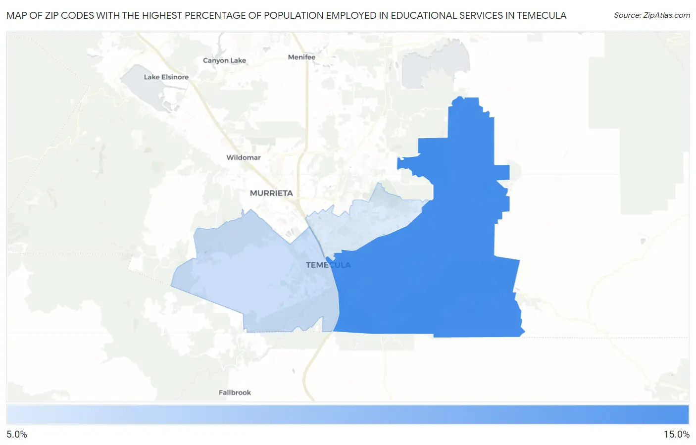Zip Codes with the Highest Percentage of Population Employed in Educational Services in Temecula Map