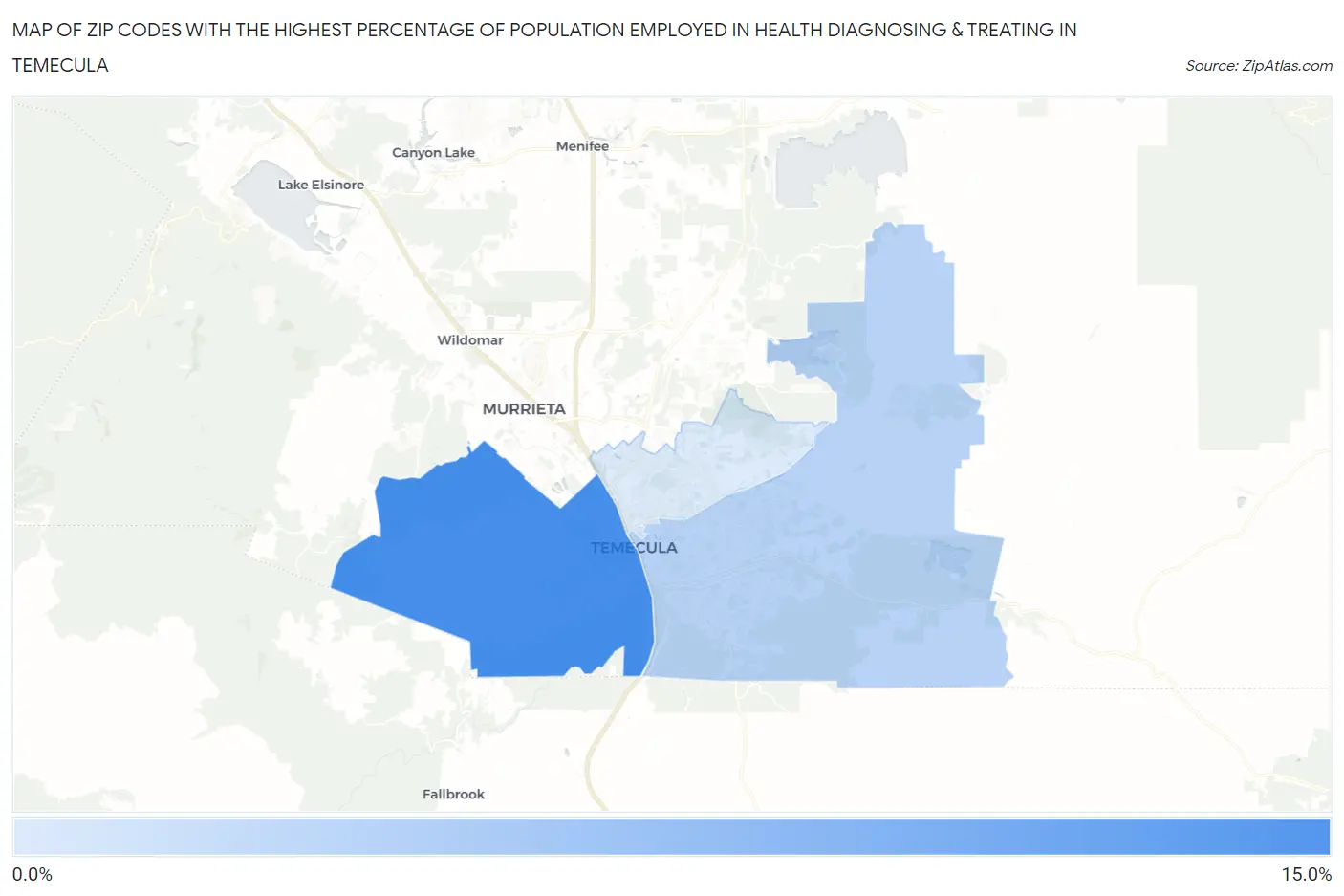 Zip Codes with the Highest Percentage of Population Employed in Health Diagnosing & Treating in Temecula Map