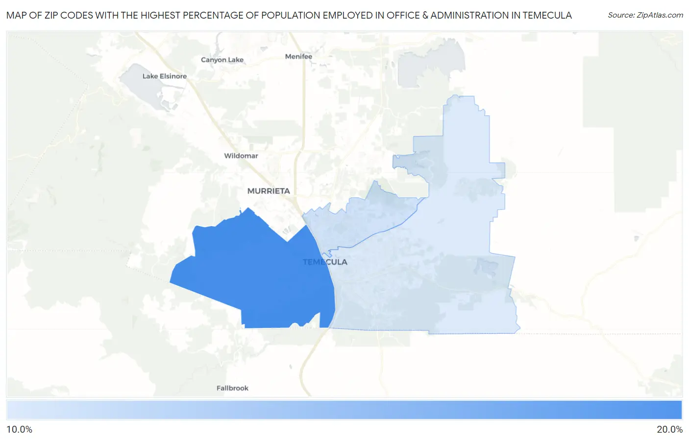 Zip Codes with the Highest Percentage of Population Employed in Office & Administration in Temecula Map