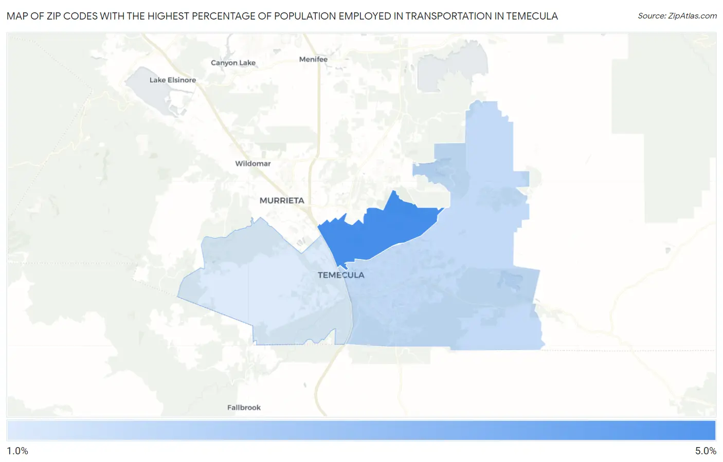Zip Codes with the Highest Percentage of Population Employed in Transportation in Temecula Map