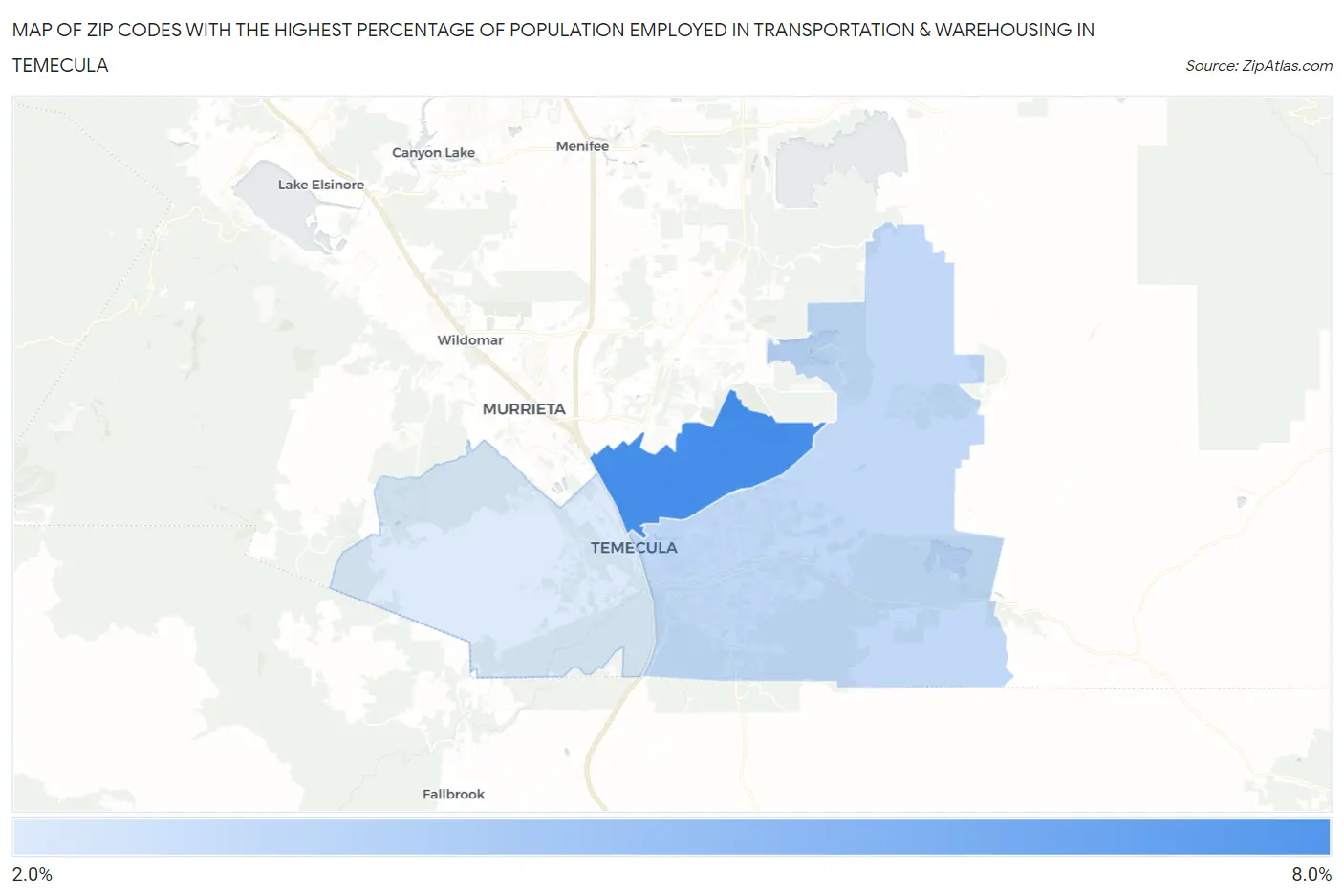 Zip Codes with the Highest Percentage of Population Employed in Transportation & Warehousing in Temecula Map