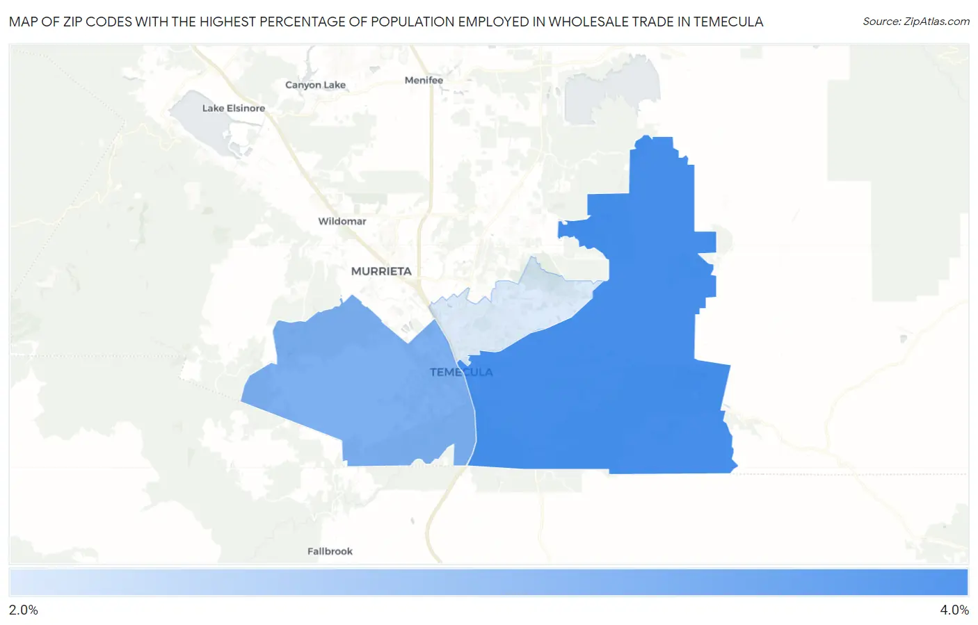 Zip Codes with the Highest Percentage of Population Employed in Wholesale Trade in Temecula Map