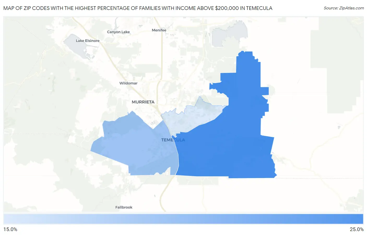 Zip Codes with the Highest Percentage of Families with Income Above $200,000 in Temecula Map